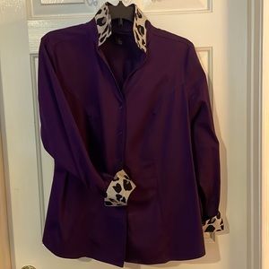 Long sleeve purple button up shirt with animal print accent on sleeves and color
